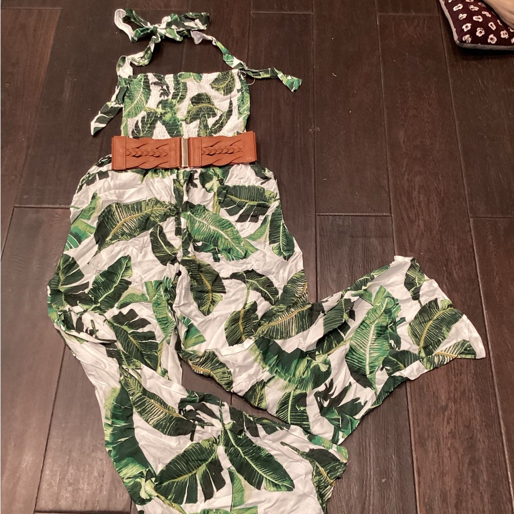 Tropical Leaf Print  strapless Jumpsuit